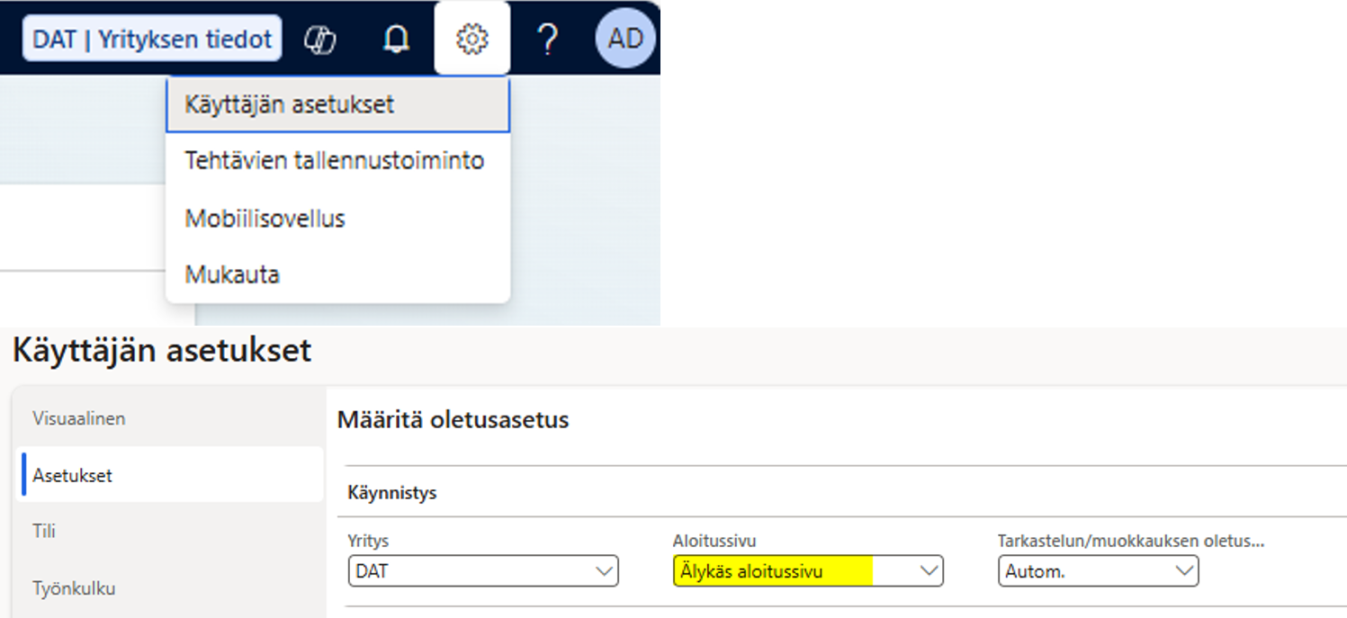 D365 10.0.44. Älykäs aloittussivu asetukset