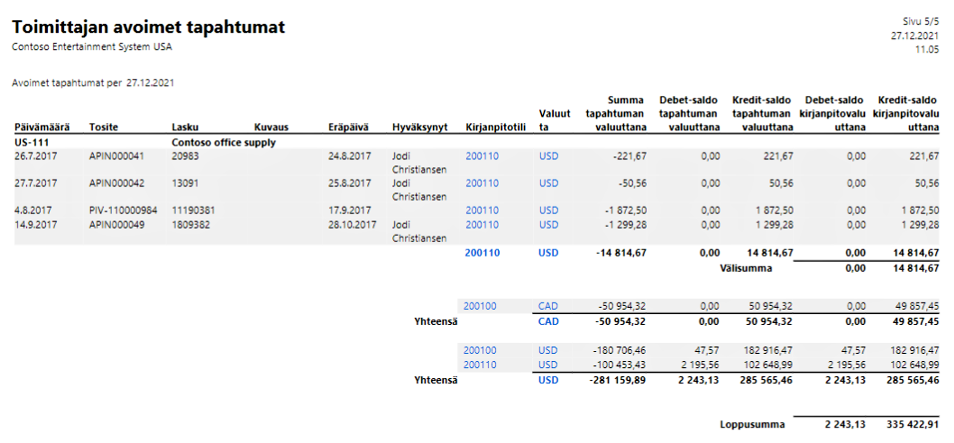 Toimittajan avoimet tapahtumat -raportti Dynamics 365 Finance