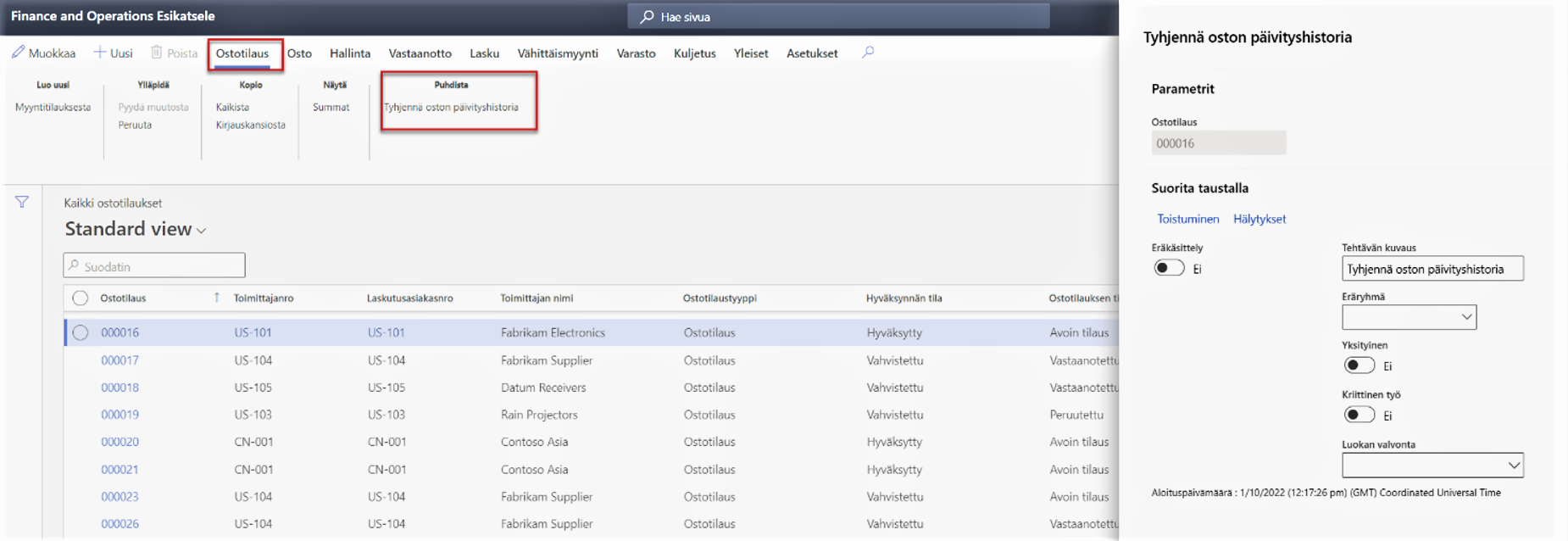 Tyhjennä ostotilauksen päivityshistoria Dynamics 365 SCM