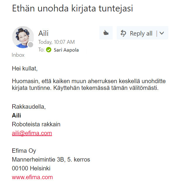 Efiman ohjelmistorobotti Aili muistuttaa efimalaisia sähköpostilla puuttuvista tuntikirjauksista