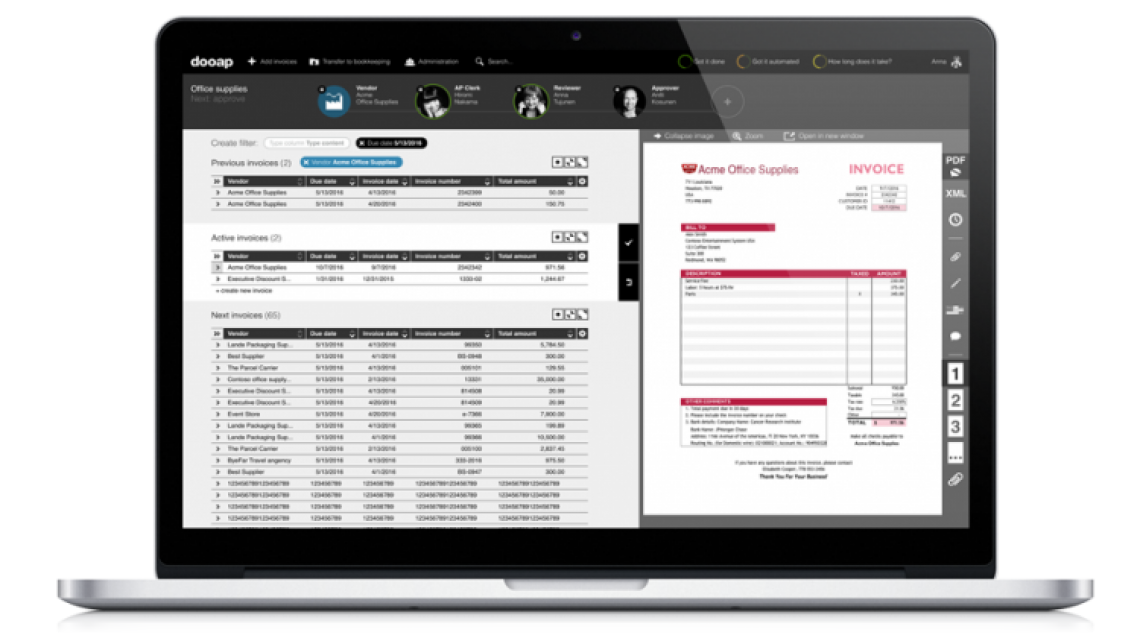 Dooapin selainpohjainen käyttöliittymä on suunniteltu ostolaskujen tehokkaaseen käsittelyyn